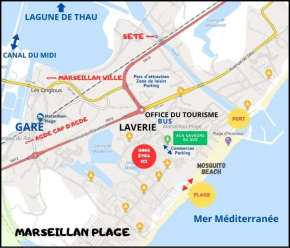 Résidence Le SUNSET Marseillan-plage, entre mer et lagune de Thau, étape vélo, famille, couple, VRP, toutou admis, jardin, parking privé gratuit, vélos, Clim, WIFI fibre gratuite, commodités, plage et